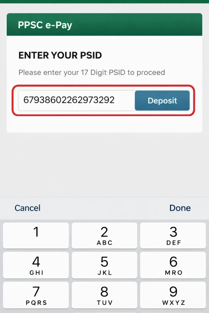 mobile app screen where the PSID is entered in the e-Pay section